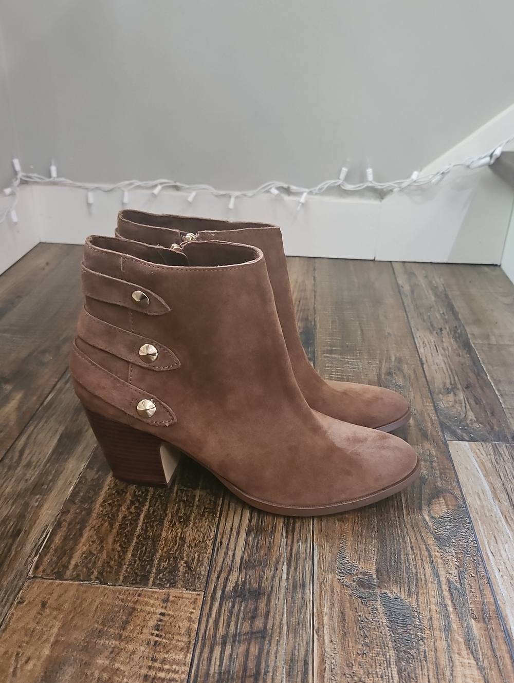 Ivanka Trump Brown Suede Leather StackedHeeled Ankle Boots with Gold Buttons